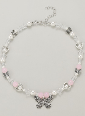 Women butterfly cross flower pendant pearl bead necklace饰品