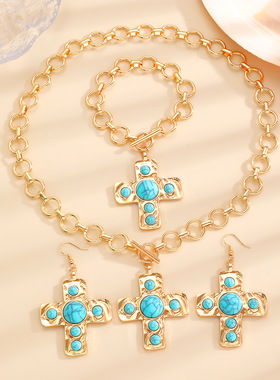women bracelet earrings retro frame turquoise cross necklace