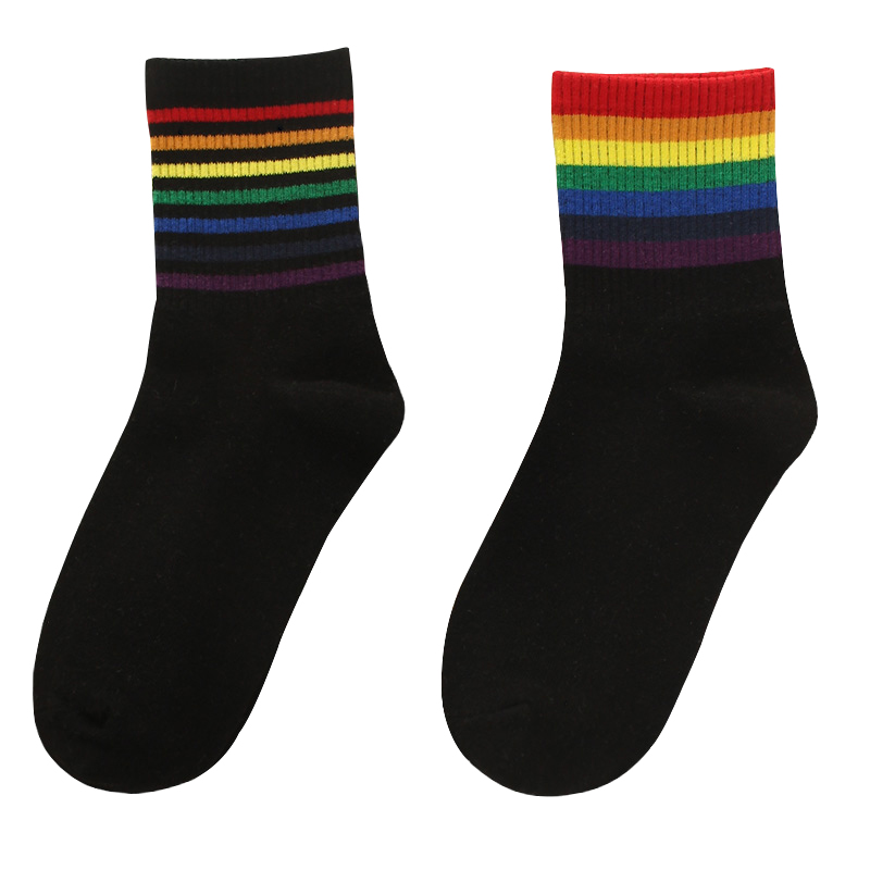 显莎旗舰店街头彩虹袜子女春夏季中筒袜黑白色棉袜网红韩版学院长筒袜ins潮3