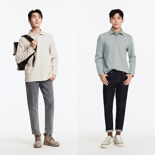 【专柜款】九牧王男装长袖POLO衫 秋季新品柔软亲肤空气棉纯色T恤 - 图1
