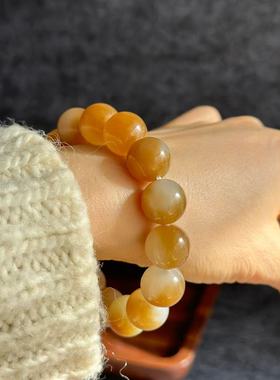 超值天然正宗新疆和田玉且末金山矿糖白玉手串14mm圆珠玉石手链
