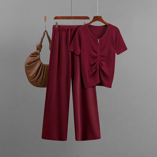 knitted shirt and pants set圆领短袖针织套装2026拉链纯色衣 - 图1