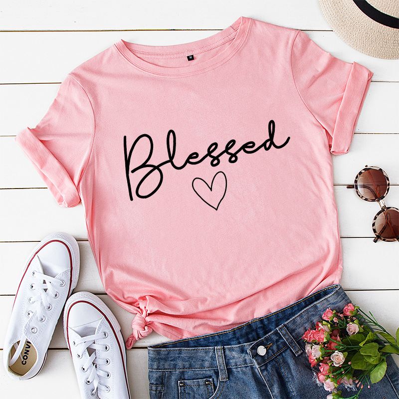 纯棉短袖T恤女Cotton Women Summer tshirts Ladies blessed tops - 图1