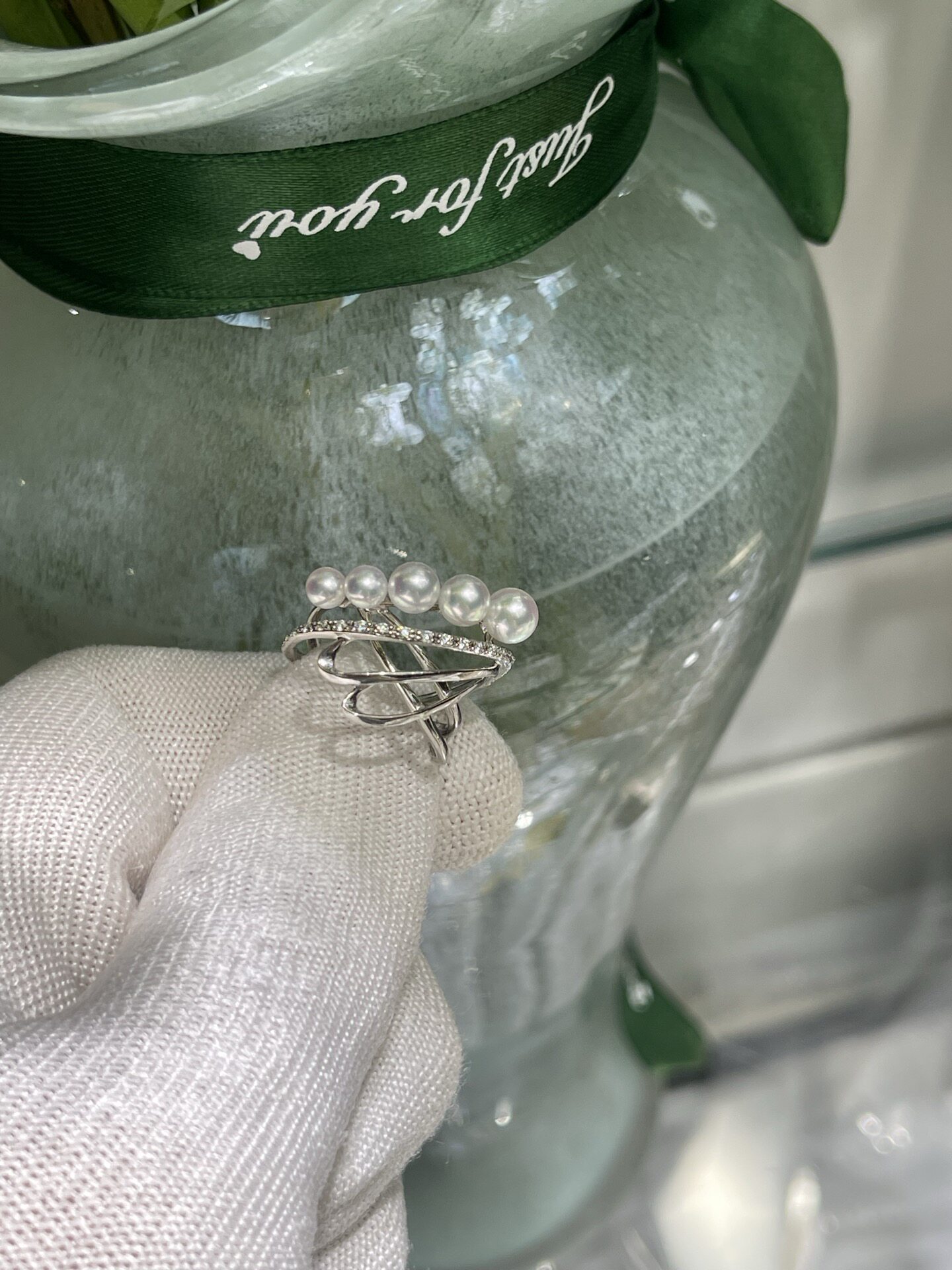 Japanese finished product mirror goddess light 4 6mm seawater akoya multi-bead ring 18k natural diamond inlaid