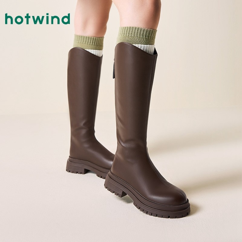 热风冬季新款女士复古棕色厚底骑士靴V口黑色显瘦长筒靴子,淘宝优惠券,粉丝福利购,淘宝优惠卷