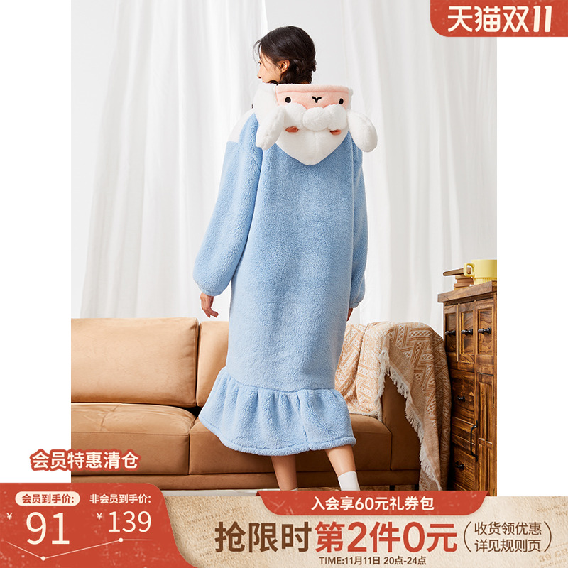 热风春冬季新款女趣味毛绒卡通睡裙保暖家居服可爱长裙睡衣