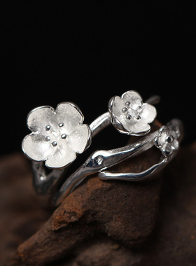 素十八s925银设计感甜美花朵开口指环古典民族风梅花淑女气质