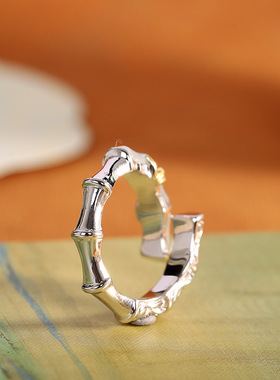 人品银品时尚国潮手饰S925银镶和田玉竹节戒指开口女士指环食指戒