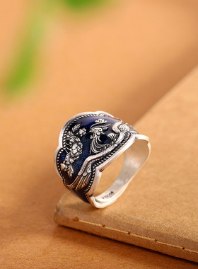 足银999烧蓝牡丹花凤凰戒指复古民族风开口古风开口戒子