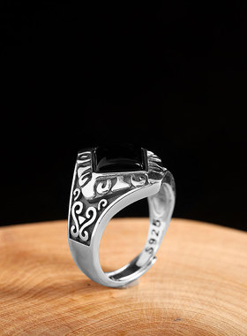 人品银品S925银镶黑玛瑙戒指个性泰银精工活口指环中东风格做旧