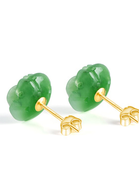 老料天然和田玉碧玉玫瑰花玉石耳钉S925银镶时尚高档女款耳饰