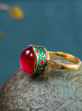 源头厂货 s925银饰品民族风女士烧蓝珐琅彩红刚玉戒指 开口