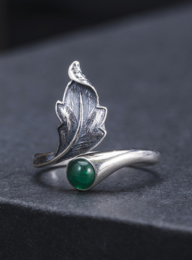 素十八s925银创意个性叶子指环女复古泰银做旧绿玉髓树叶活口戒指