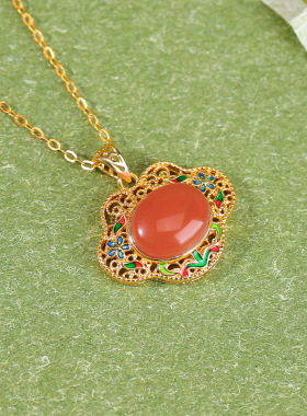 悦宝珠宝天然南红水红S925纯银镀金如意长春花蛋面新中式吊坠定制