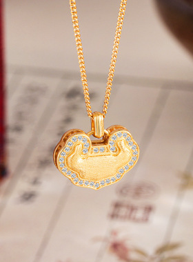 s925纯银黄金拉丝平安锁项链女高级感新中式富贵锁锁骨链小红