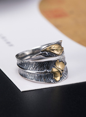 素十八s925银个性文艺做旧蝴蝶戒指男女复古羽毛指环开口可调