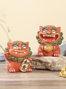 国潮欢喜风狮爷茶宠摆件创意办公桌面店铺开业礼品狮子小摆件一对