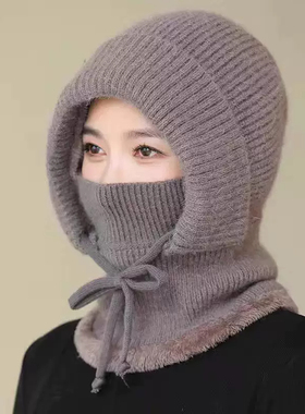 秋冬女款围脖一体防风保暖针织帽