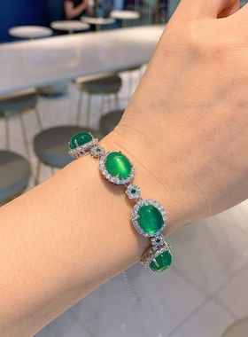 荧光朱砂女生日礼物圆形珠宝玉石翡翠绿起玉髓手链手链镶钻冰种玉