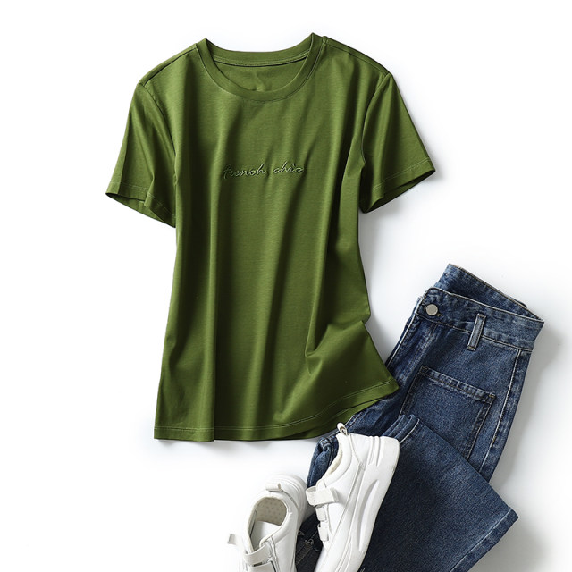 Embroidered letters short-sleeved mercerated cotton round neck T-shirt for women