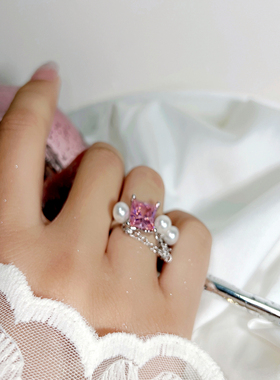 粉系少女甜美珍珠爱心开口戒指