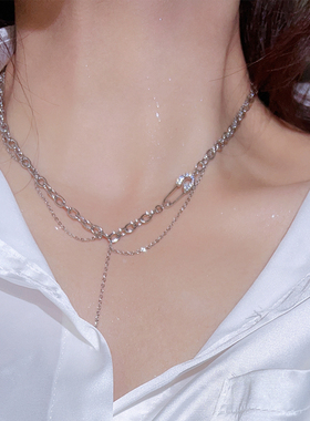 魅芽仙骨个性回形针锆石双层项链