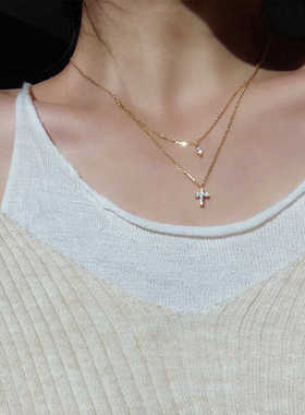 魅芽仙骨纯银镀金双层十字架项链