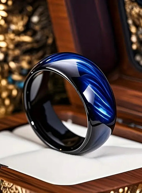 跨境新款男士镶嵌蓝虎眼石贴片不锈钢戒指饰品批发黑色蓝极光球面