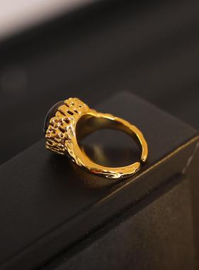 中古系列天然虎眼石开口戒Vintage小众设计高级时尚个性活口戒指