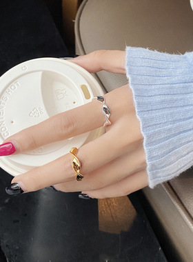 韩国小众复古ins波浪扭纹极简925纯银戒指几何形百搭开口指环