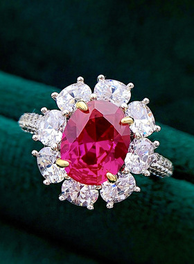 复古欧美蛋形鸽子蛋椭圆形仿真2克拉宝石红太阳花钻戒指S925银女