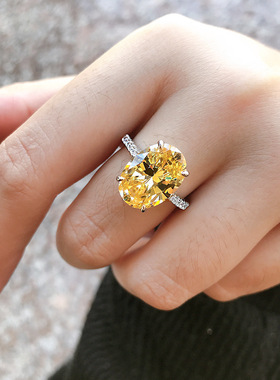 S925银高碳钻椭圆9*13黄钻白钻粉钻简约欧美雷迪恩切工戒指