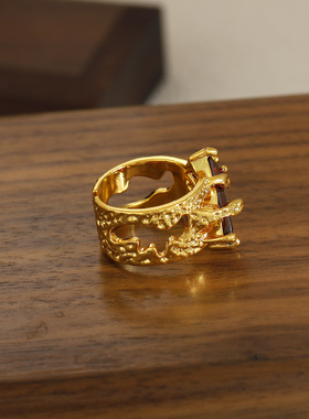 复古火山岩肌理宝石戒指ins高级感轻奢冷淡风金属质感食指戒指环