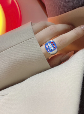 韩版ins风可爱蓝色天空925纯银戒指珐琅滴胶飞机云朵爱心图案指环