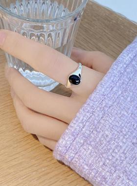INS博主同款S925纯银时髦黑玛瑙戒指女生百搭高级感指环韩版饰品
