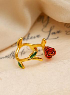 复古VINTAGE法式浪漫红色玫瑰花滴釉戒指个性时尚绿色叶子开口戒