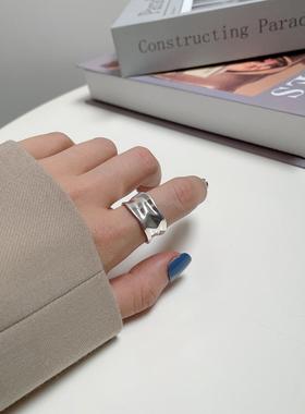 韩国东大门INS风纯银925不规则凹凸面戒指个性冷淡风几何宽面介子