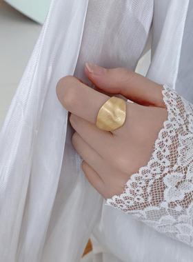 S925纯银简约设计感哑光喷砂宽面戒指女小众港风开口食指戒可调节