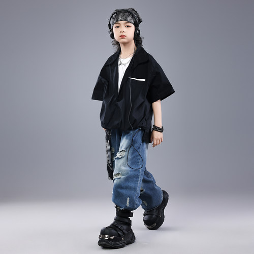 街舞儿童潮服hiphop童装少儿架子鼓假两件演出服男女童爵士舞服装 - 图3