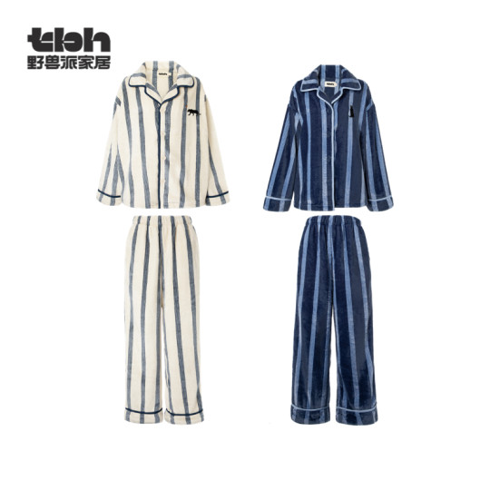 tbh野兽派家居都市野兽黑豹法兰绒家居服套装可外穿冬季情侣睡衣*