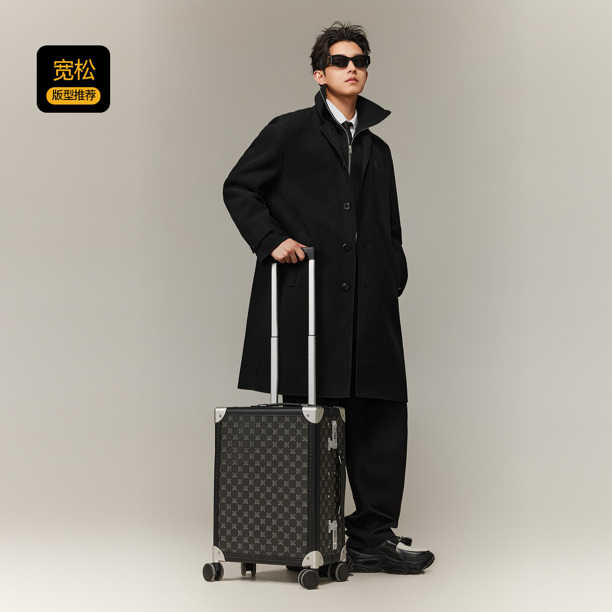 【高级棉羊毛】卡宾假两层双面呢大衣男2025冬季商务复古长款外套,淘宝优惠券,粉丝福利购,淘宝优惠卷