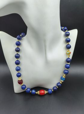 手工原创天然12mm青金石项链红色配珠是朱砂桶珠中式国风汉服配饰