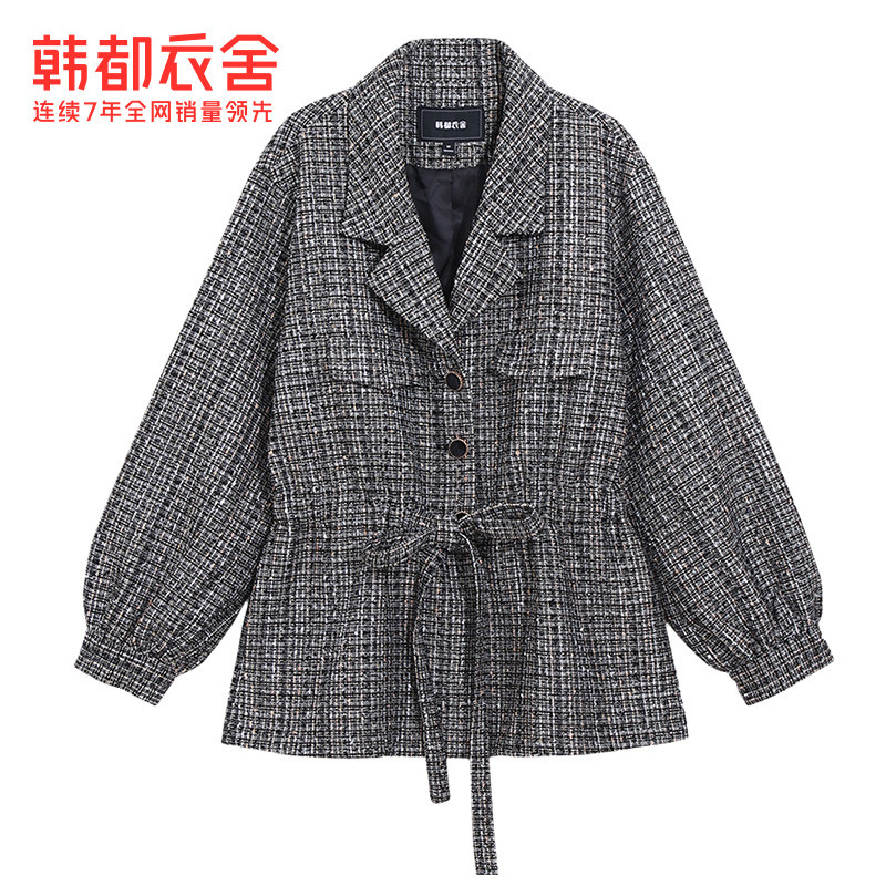 韩都衣舍outlets秋新格纹显瘦系带 韩都衣舍outlets店短外套