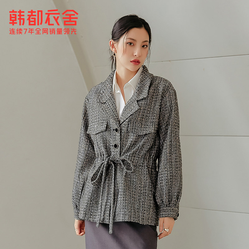 韩都衣舍outlets秋新格纹显瘦系带 韩都衣舍outlets店短外套