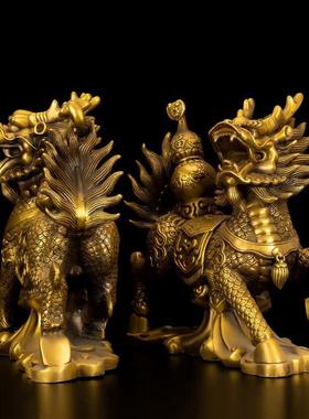 黄铜麒麟摆件一对麒麟献瑞火麒麟摆件家居客厅大号装饰开业礼品