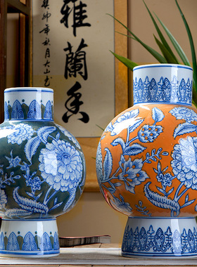 青花蓝底中式陶瓷花瓶可水培绿植鲜花 陶瓷花瓶摆件饰品 客厅摆件