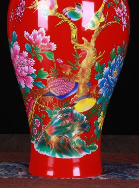 陶瓷花瓶中国红凤凰牡丹鱼尾花瓶新房喜庆摆件乔迁新居装饰品