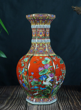 仿古珐琅彩花鸟六方瓶景德镇中式陶瓷家居客厅装饰花瓶工艺品摆件