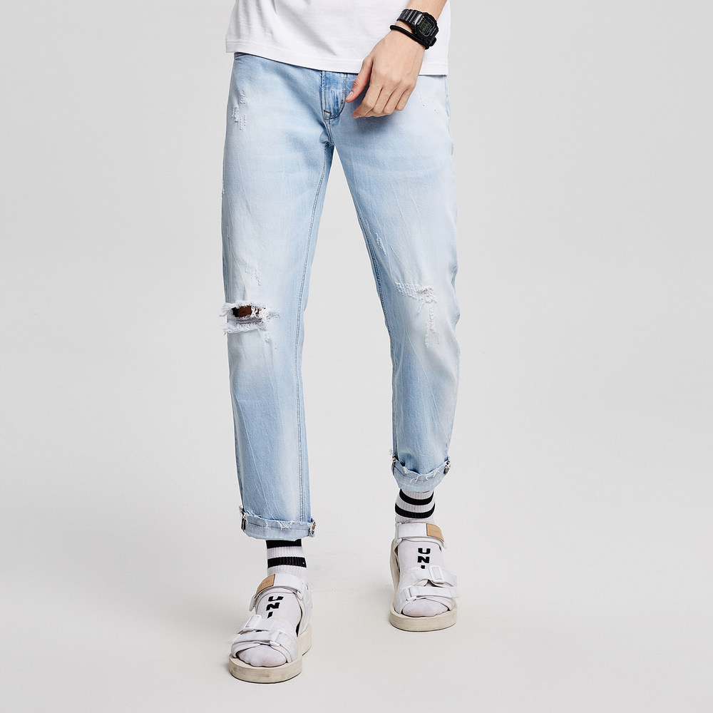 马克华菲2018夏季男撞色破洞牛仔裤 马克华菲outlets店牛仔裤