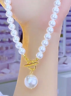 法式高端风白色珍珠OT扣项链轻奢